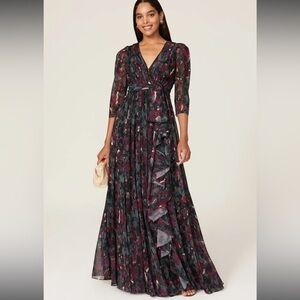 Badgley mischka pleated floral formal gown